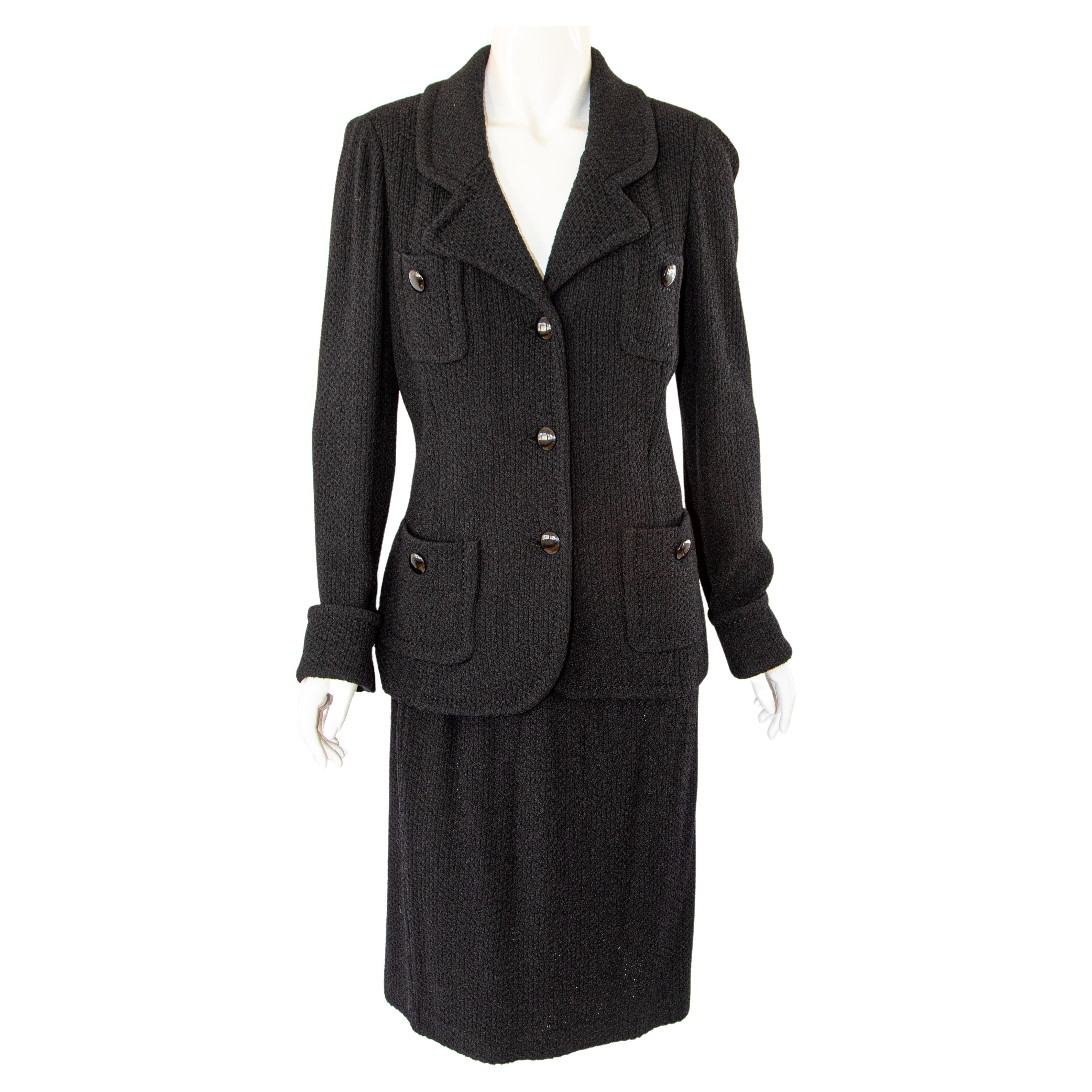 Vintage St John Caviar Black Knit Wool Blazer and Skirt Suit