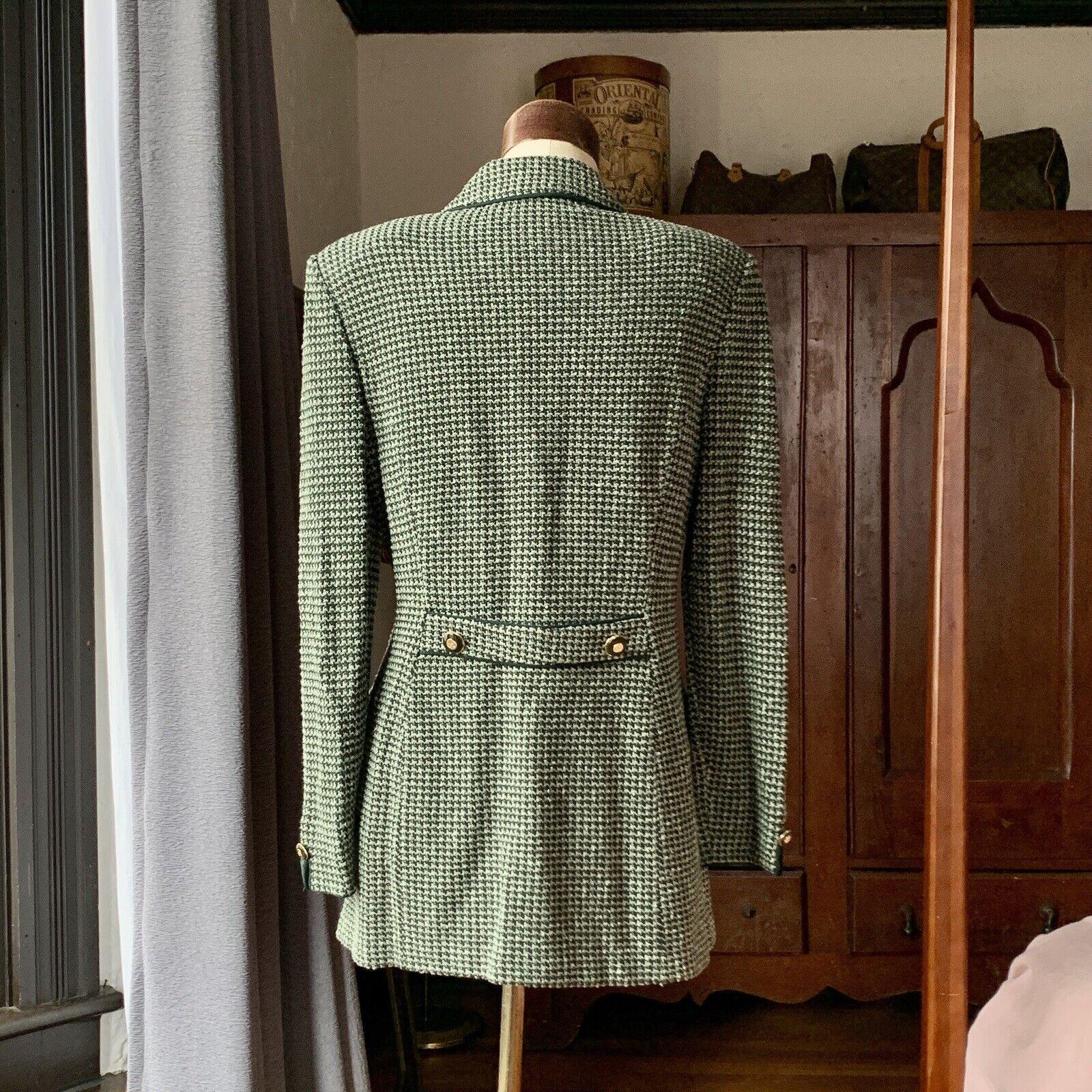 Women's or Men's Vintage ST. JOHN COLLECTION Knit TWEED Jacket VEGAN LEATHER Green 8