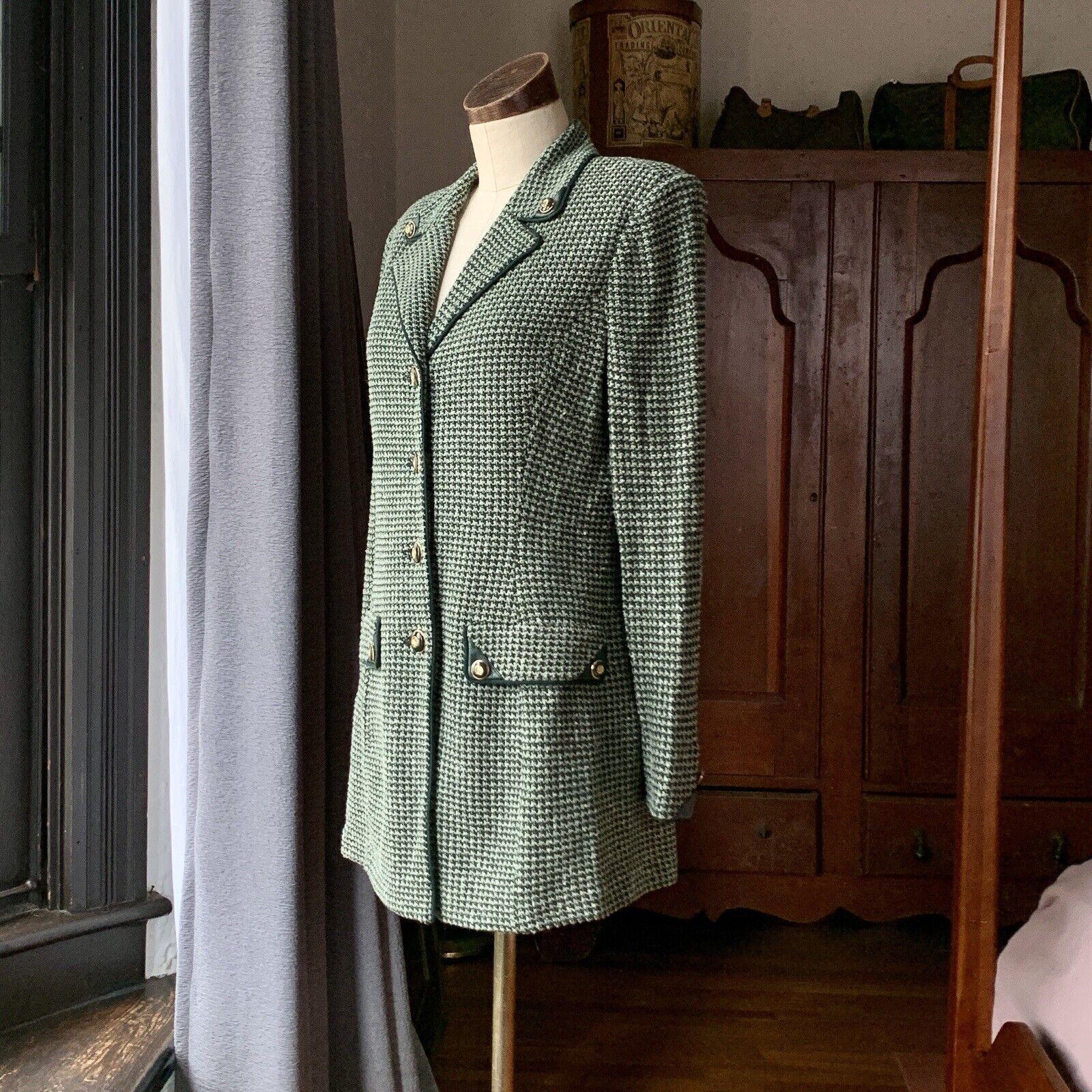 Vintage ST. JOHN COLLECTION Knit TWEED Jacket VEGAN LEATHER Green 8 2