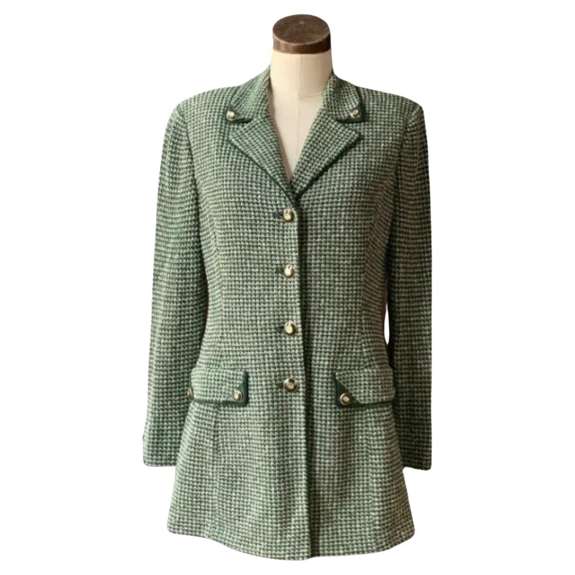 Vintage ST. JOHN COLLECTION Knit TWEED Jacket VEGAN LEATHER Green 8