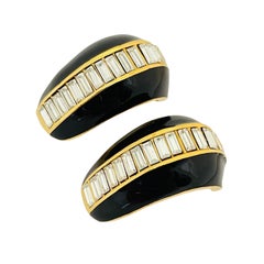 Vintage ST JOHN gold crystal enamel designer runway clip on earrings