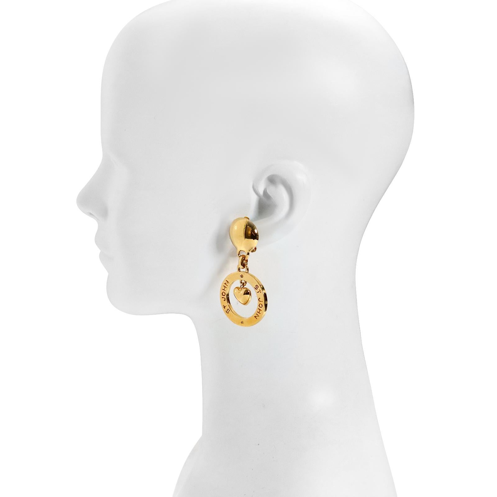Women's or Men's Vintage St John Gold Dangling Heart Hoop Earrings Circa 1980s For Sale