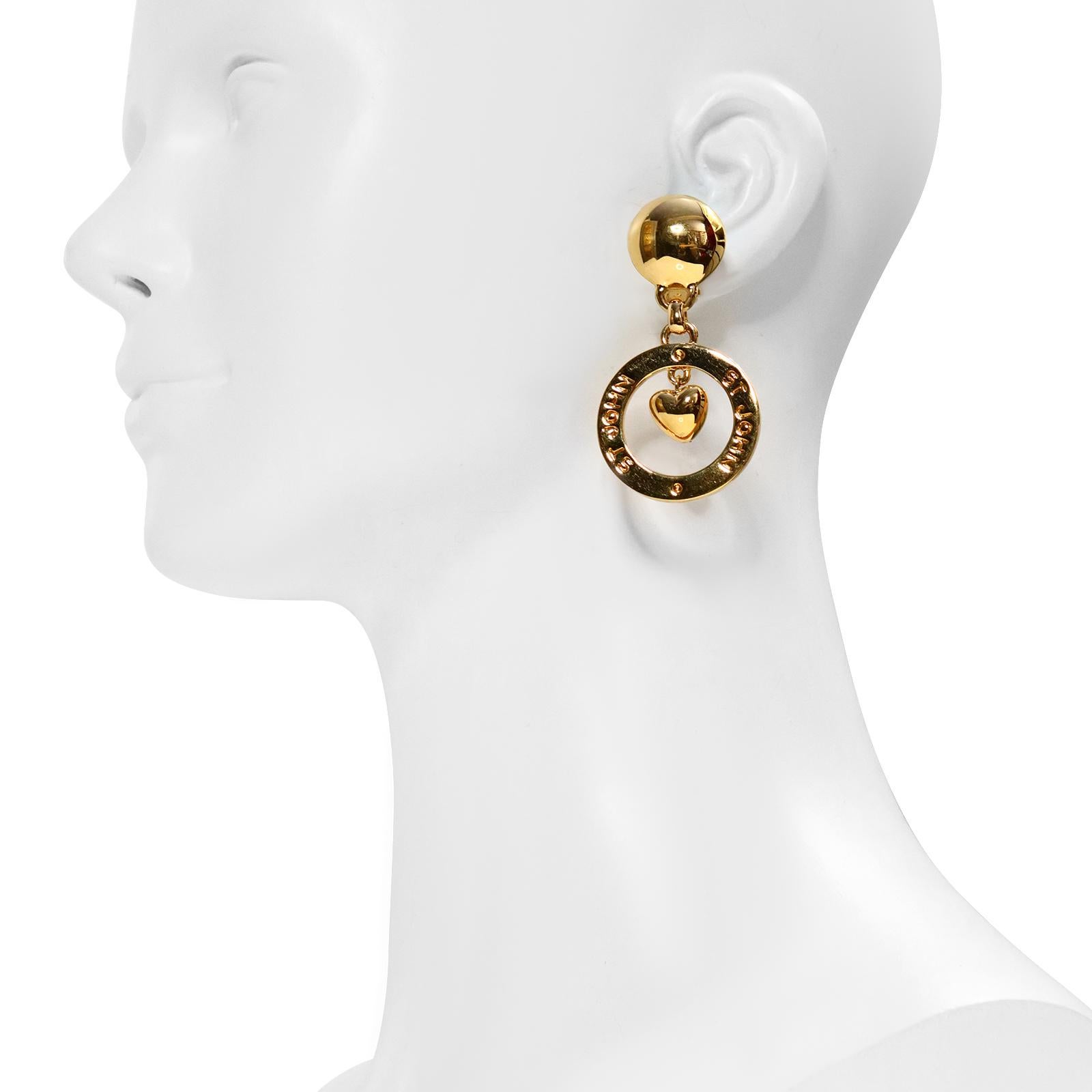 Vintage St John Gold Dangling Heart Hoop Earrings Circa 1980s For Sale 1