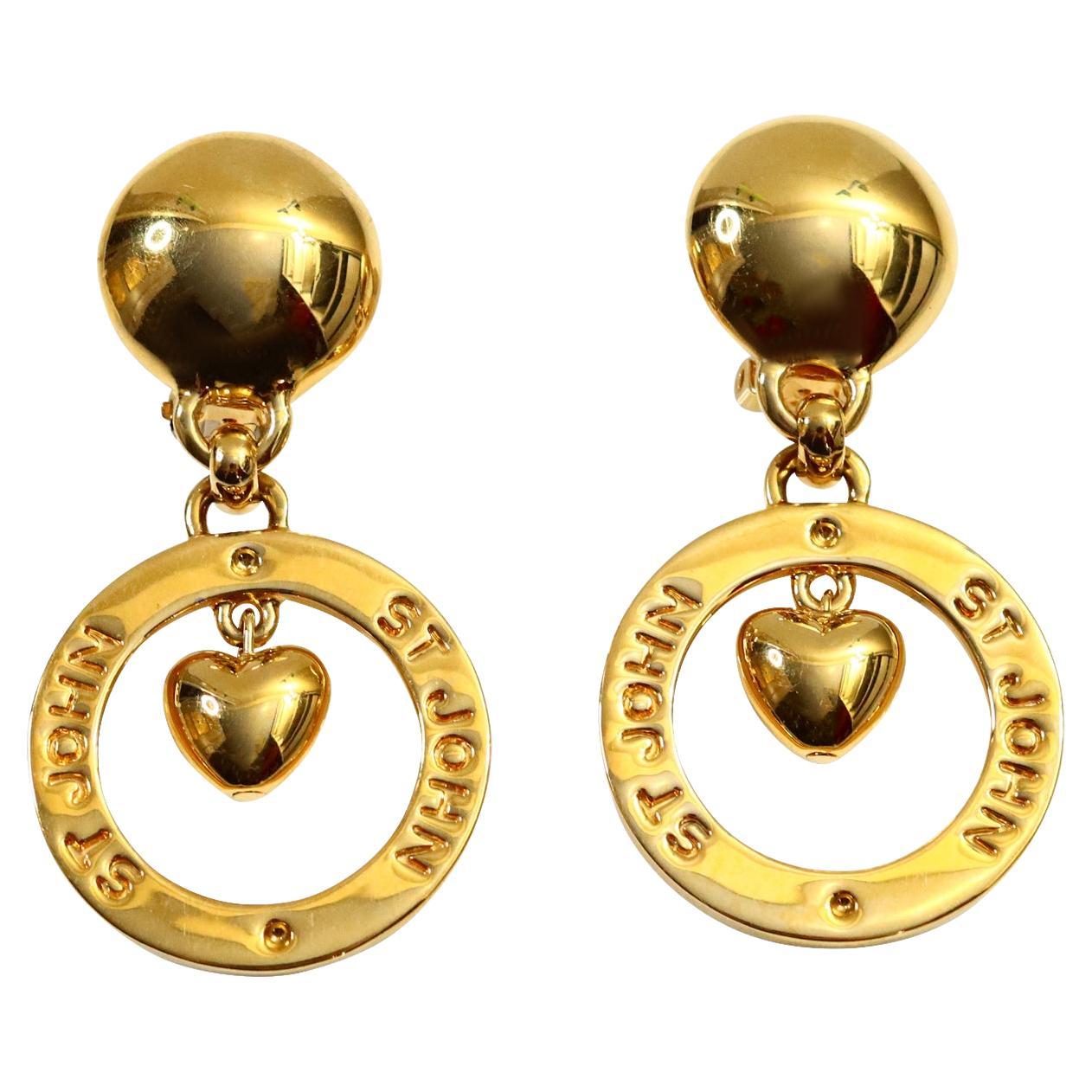 Vintage St John Gold Dangling Heart Hoop Earrings Circa 1980s