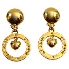Vintage St John Gold Dangling Heart Hoop Earrings, circa 1980s