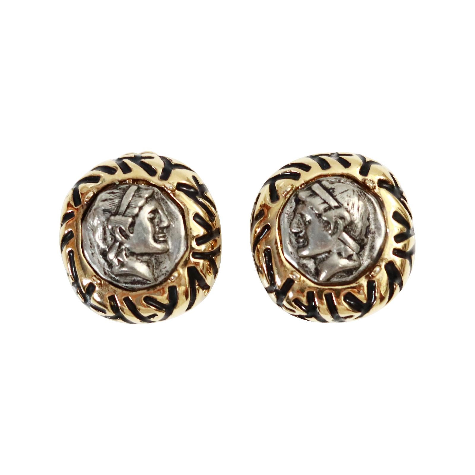 Vintage St John Gold Tone Roman Coin Earrings Circa 1990s.  The kind of earring that is classic and looks well with everything.  Substantial and well made. Clip On.  These will make everything look put together.