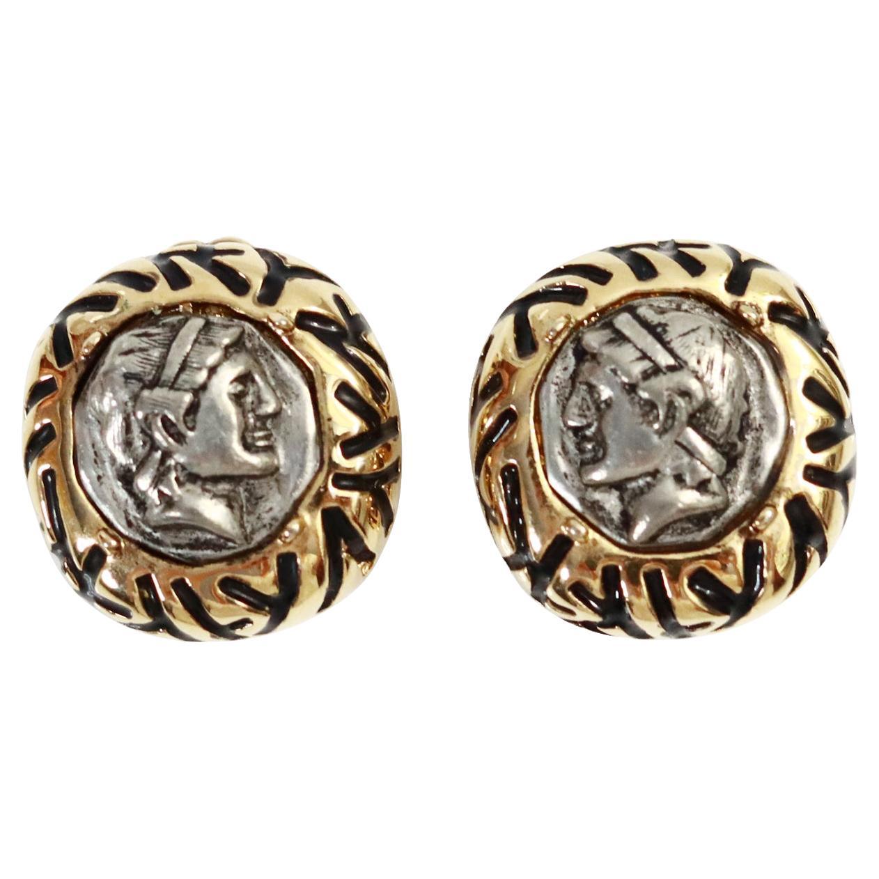 Vintage St John Gold Tone Roman Coin Earrings Circa 1990s