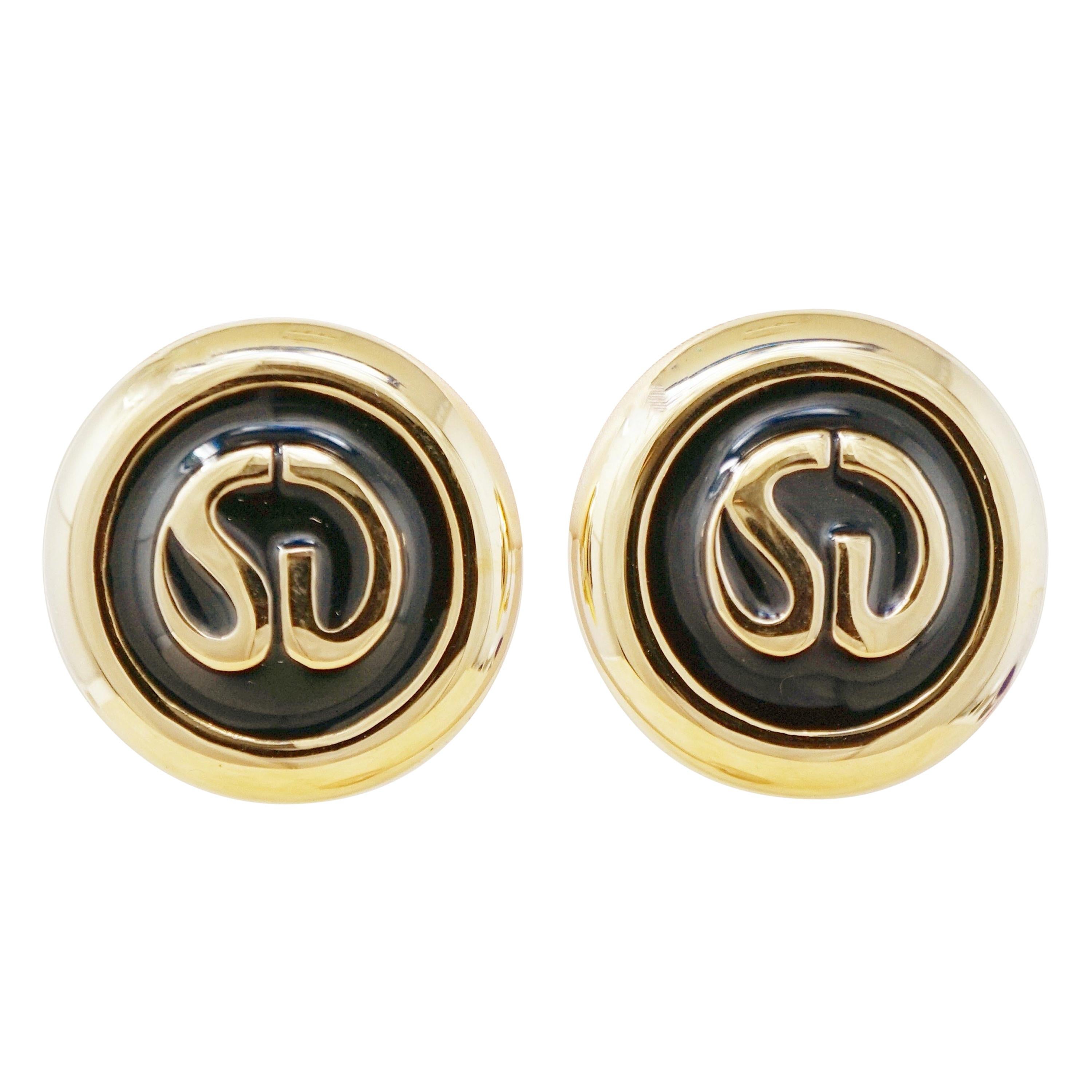 Vintage St. John Logo Enamel Button Earrings by St. John, 1980s