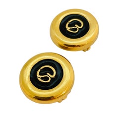 Vintage ST JOHN logo gold black enamel designer runway clip on earrings