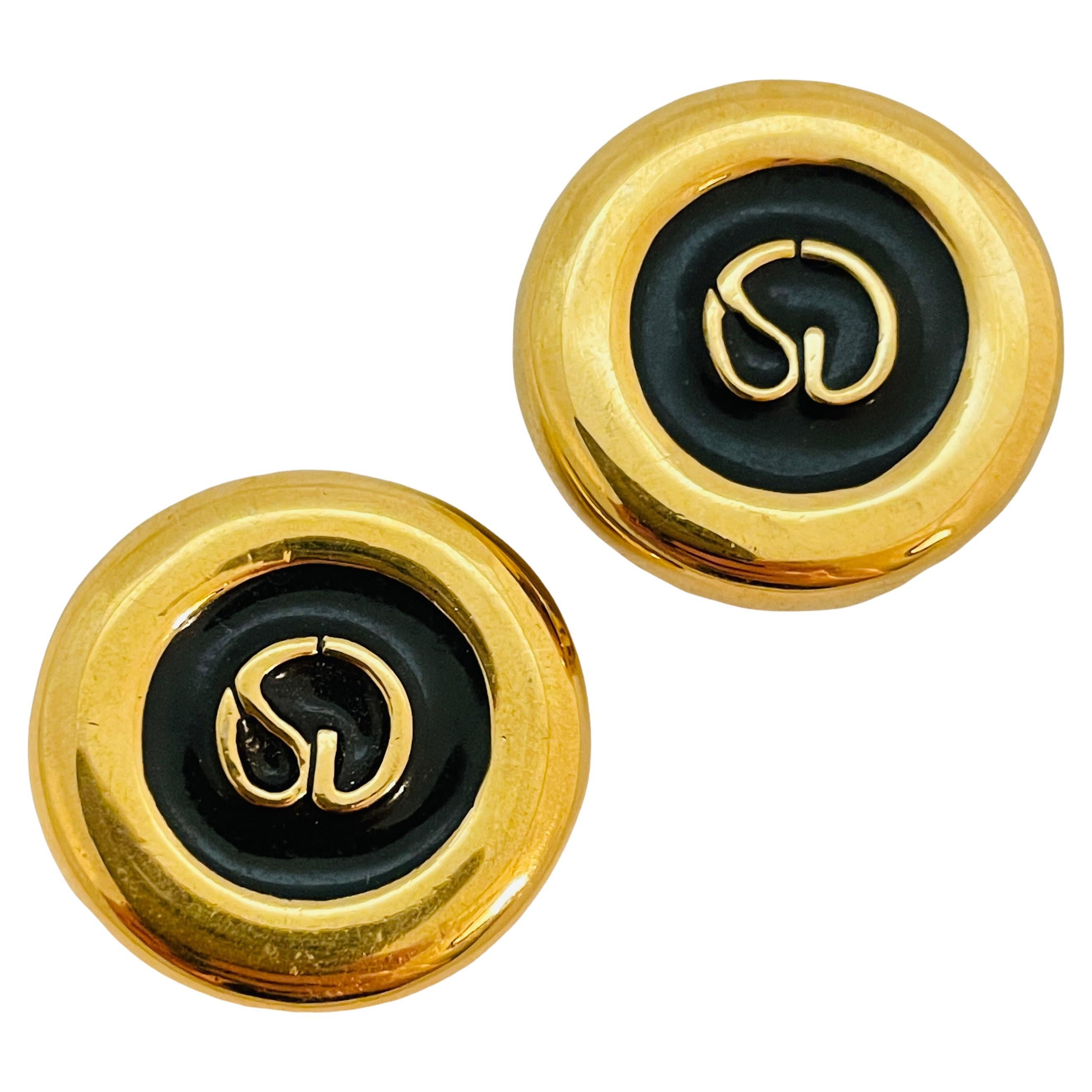 Vintage ST JOHN logo gold black enamel designer runway clip on earrings For Sale
