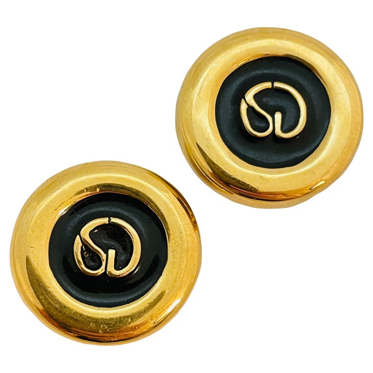 Vintage ST JOHN logo gold black enamel designer runway clip on earrings For  Sale at 1stDibs