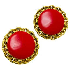 Vintage ST JOHN signed gold chain red enamel designer clip on earrings