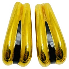 Vintage ST JOHN signed gold tone black enamel designer clip on earrings