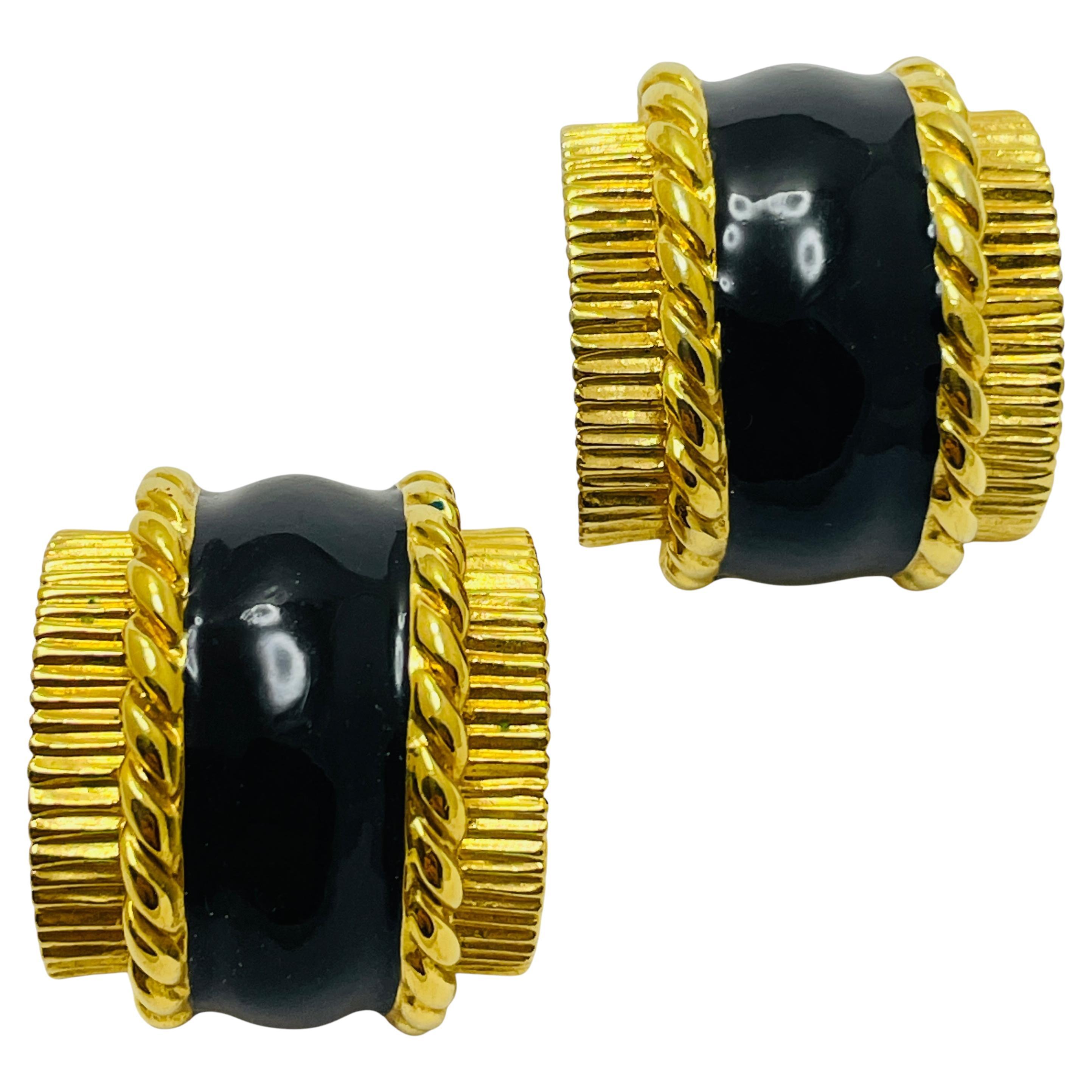 Vintage ST JOHN signed gold tone enamel designer runway clip on earrings For Sale