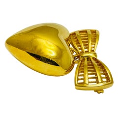 Vintage ST JOHN signed ligo gold tone bow heart dangle designer brooch