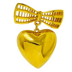 Vintage ST JOHN signed ligo gold tone bow heart dangle designer brooch