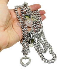 Vintage ST. JOHN silver tone massive chain heart charms designer belt necklace