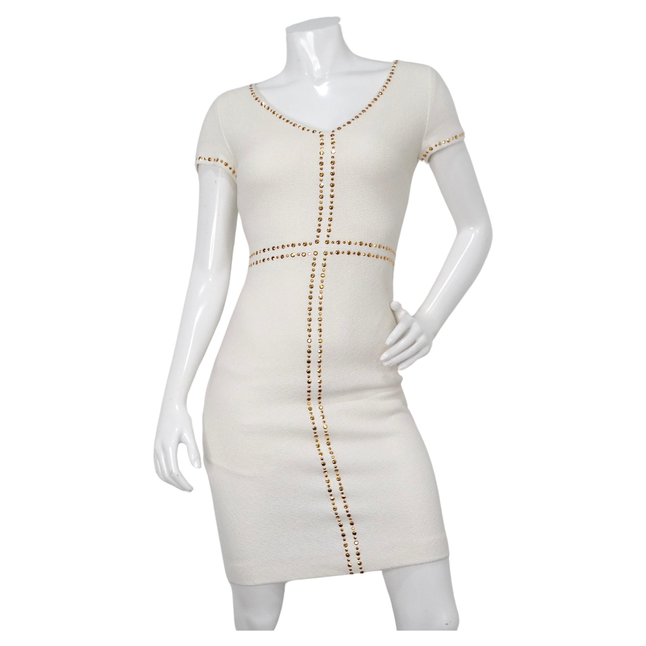 Vintage St. John White Robe en tricot avec des accents de strass dorés en vente