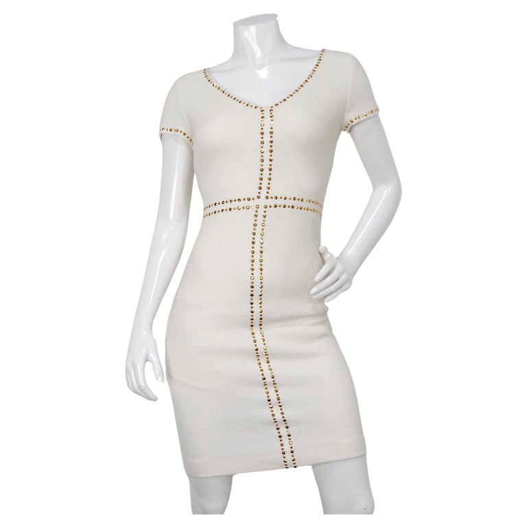 Vintage St. John White Knit Dress With Gold-tone Rhinestone Accents