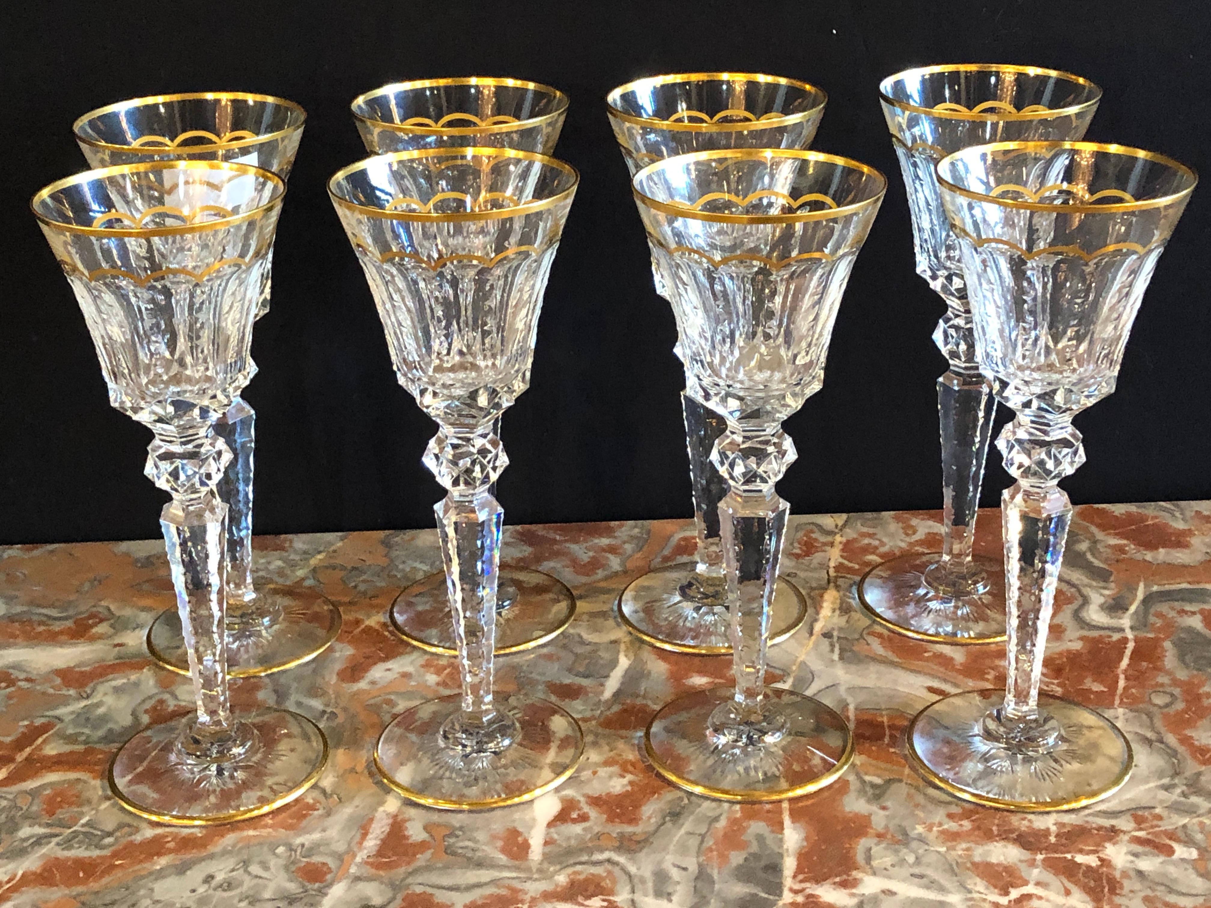 Vintage St. Louis crystal set of eight mouth blown and hand engraved / all watermarked, circa 1967, St. Louis Crystal, France. Magnificently tall, these stunning St. Louis water goblets in the renowned “Excellence” pattern feature a detailed handcut