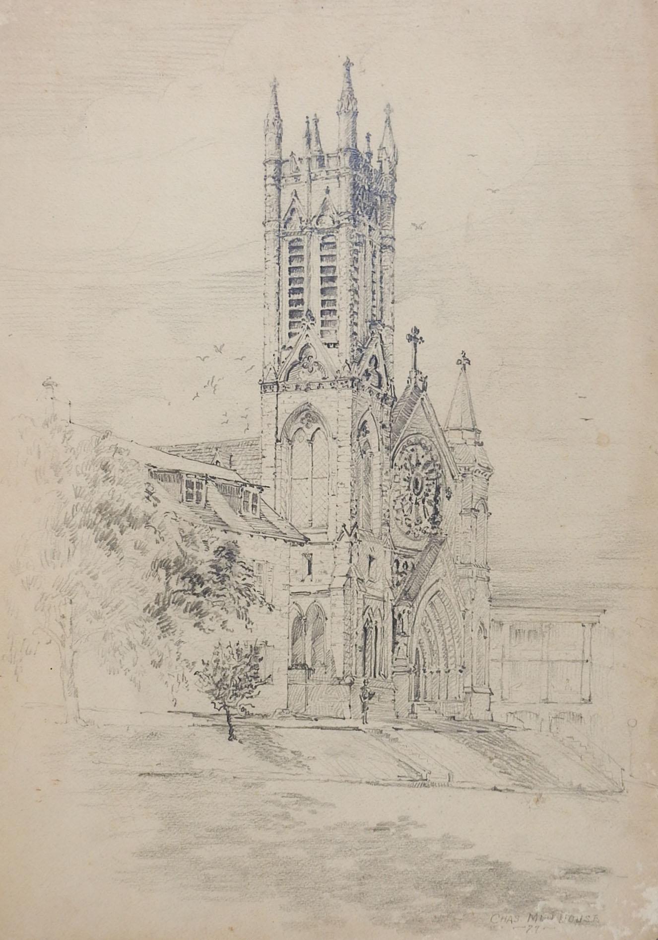 Arts and Crafts Vintage St. Mary's Cathedral Austin Texas Architectural Drawing