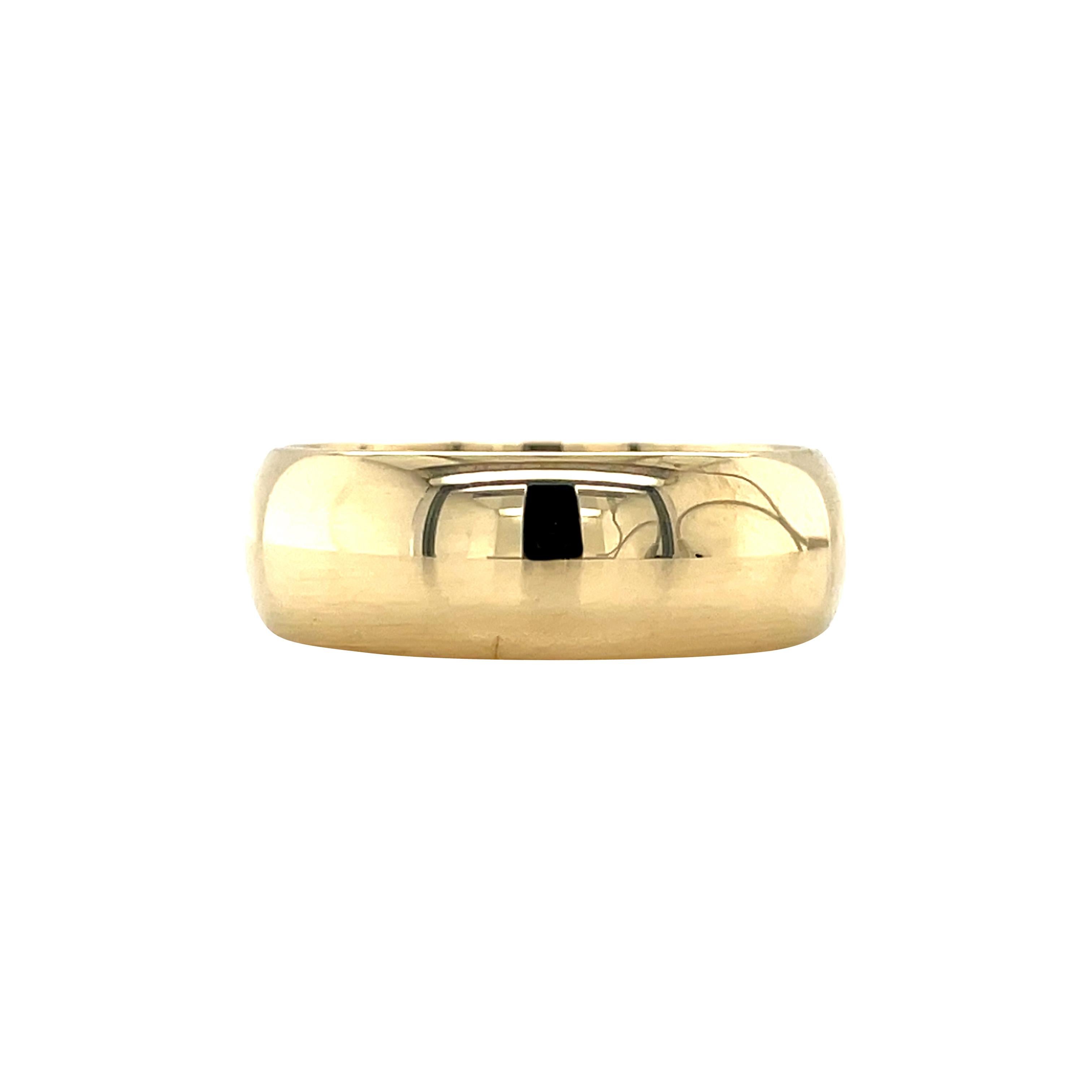 Deliciously thick and buttery, this ring is the perfect everyday ring. Whether a wedding band, a stacker, or an elegant solo statement ring, this band is ready for it all. Wonderfully substantial when worn, this band is crafted from 14 karat solid