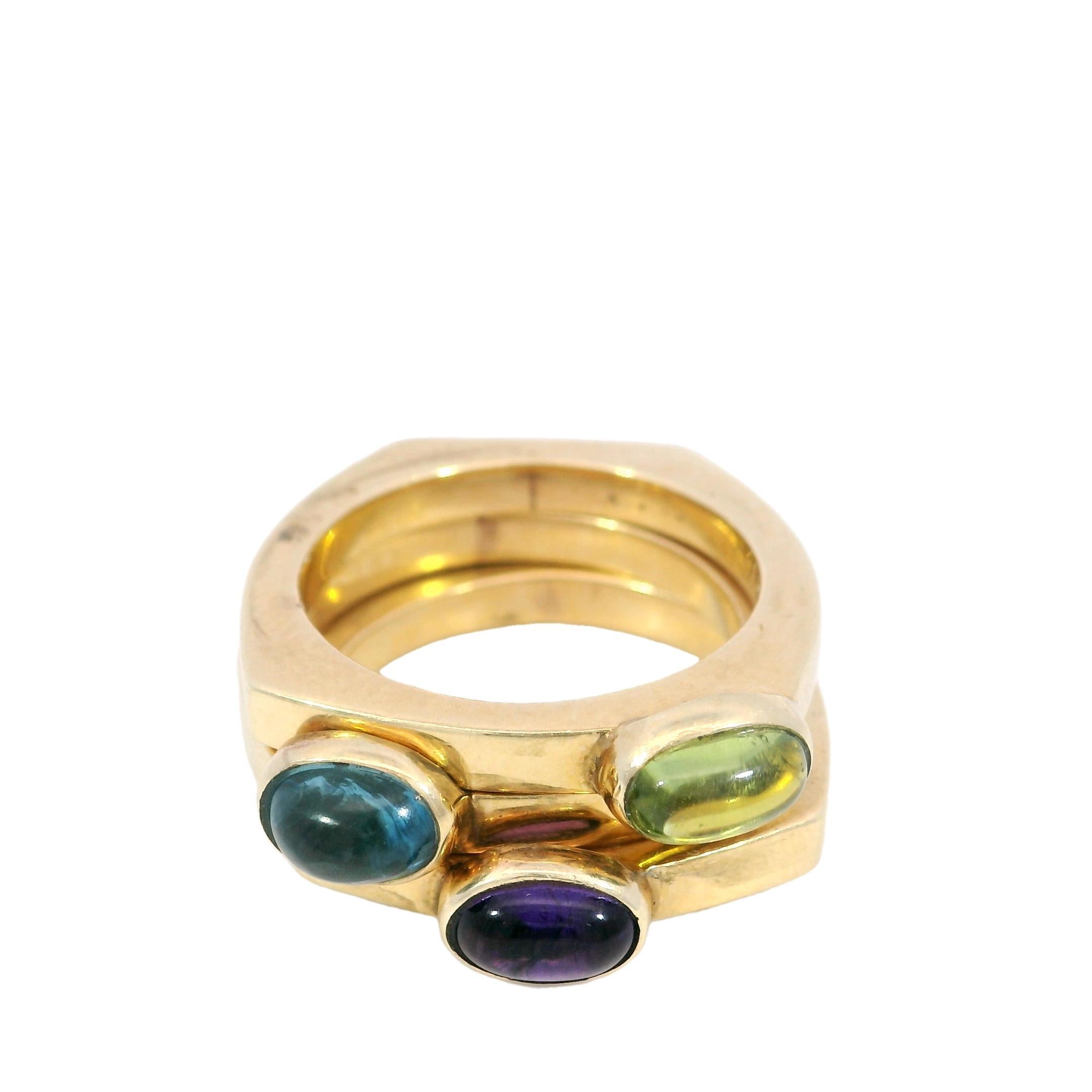 Anello vintage impilabile con castone di pietre preziose e anello zingaro in tre pezzi in oro giallo 14k in vendita 2