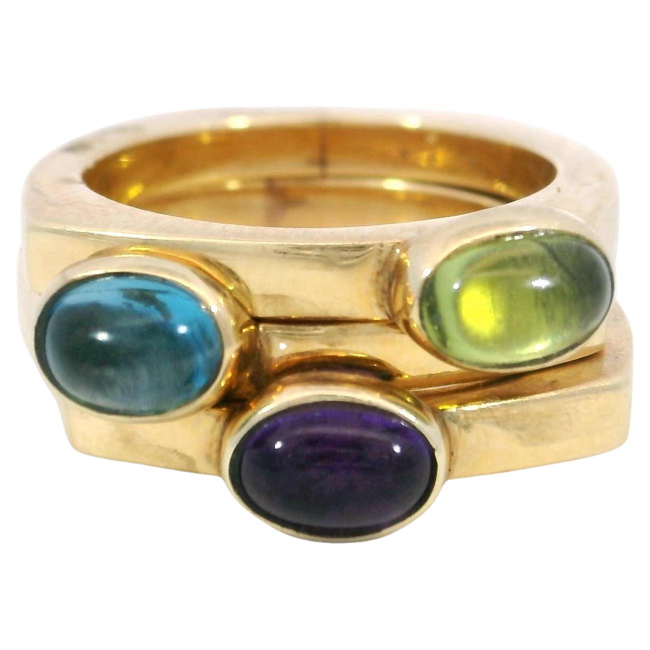 Anello vintage impilabile con castone di pietre preziose e anello zingaro in tre pezzi in oro giallo 14k in vendita