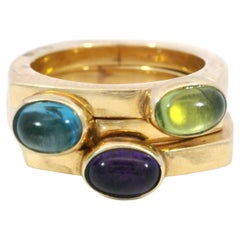 Vintage Stackable Gemstone Bezel Set Gypsy Ring Three Piece Set 14k Yellow Gold