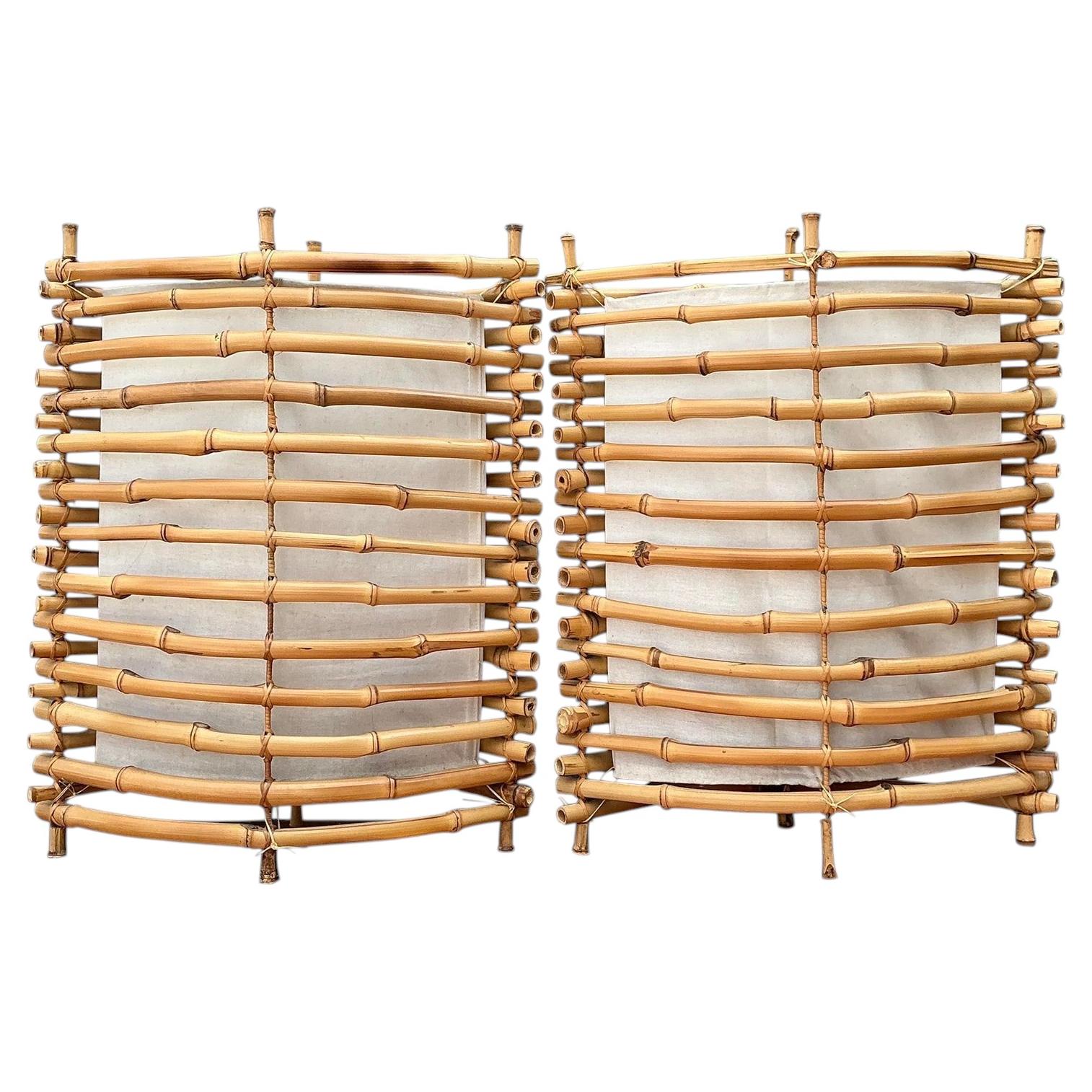 Vintage Stacked Bamboo Lantern Lamps - A Pair