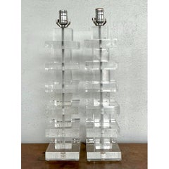 Vintage Stacked Lucite Blocks Lamps - A Pair