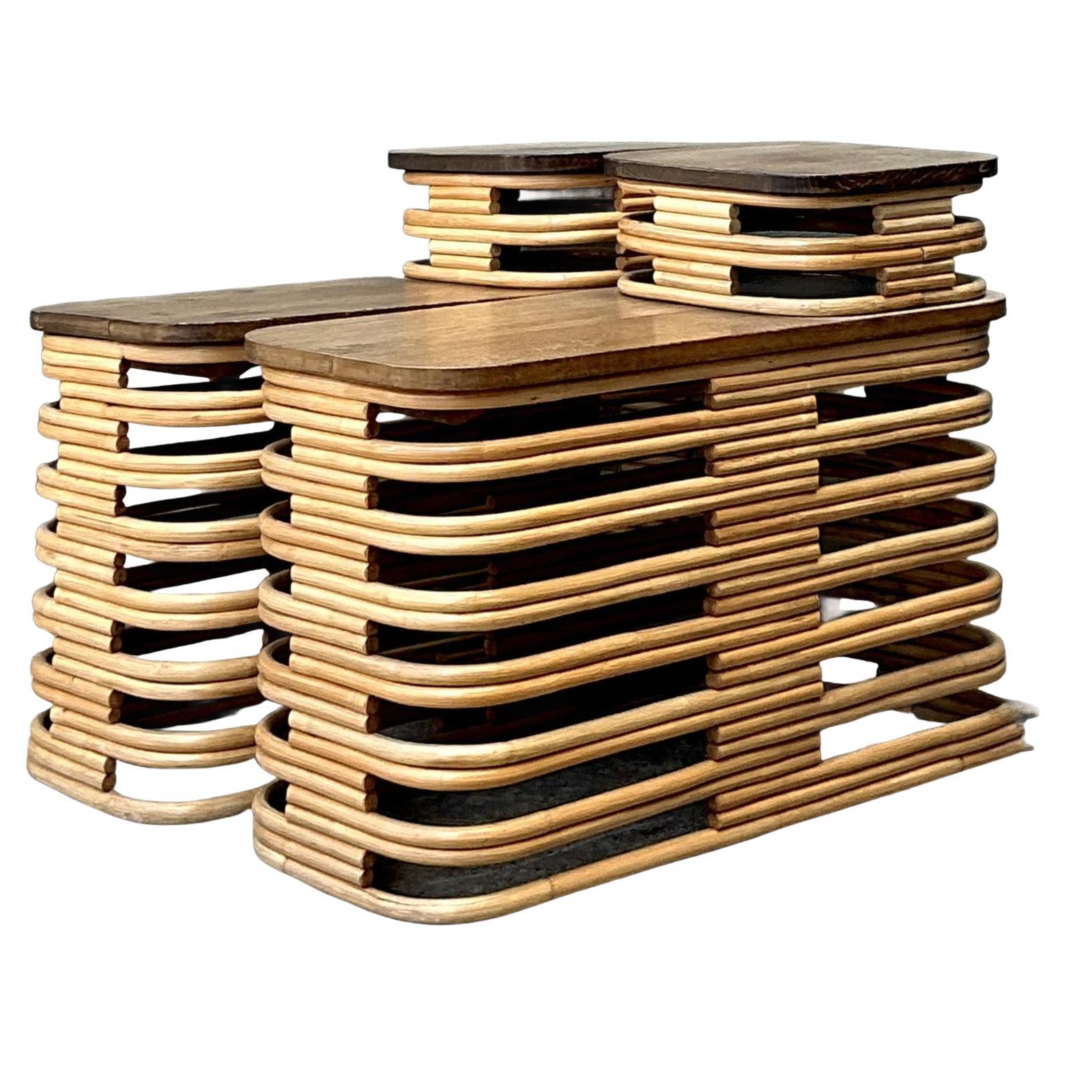 Vintage Stacked Rattan Side Tables After Frankl - A Pair