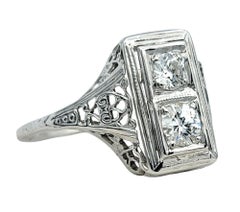 Vintage Stacked Round Diamond Rectangular Filigree Ring in 18 Karat White Gold