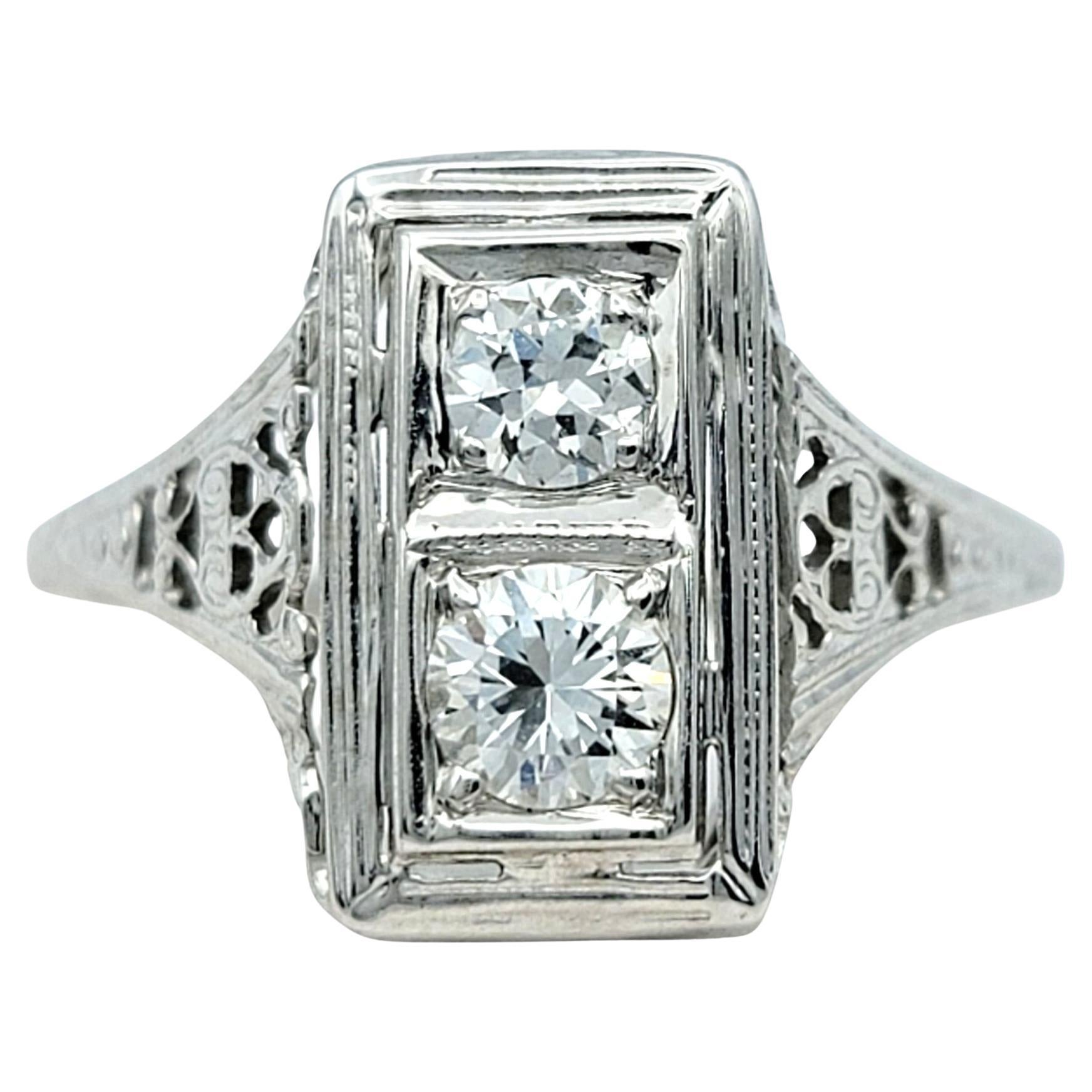Vintage Stacked Round Cut Diamond Filigree Ring in 18 Karat White Gold