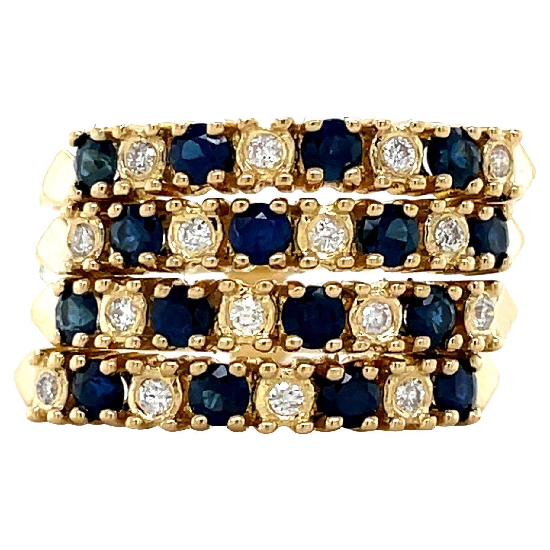 Vintage Stacked Sapphire & Diamant Multi-Band Ring, 18K