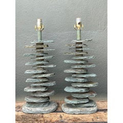 Vintage Stacked Stone Table Lamps - Pair