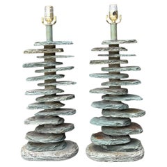 Vintage Stacked Stone Table Lamps - Pair