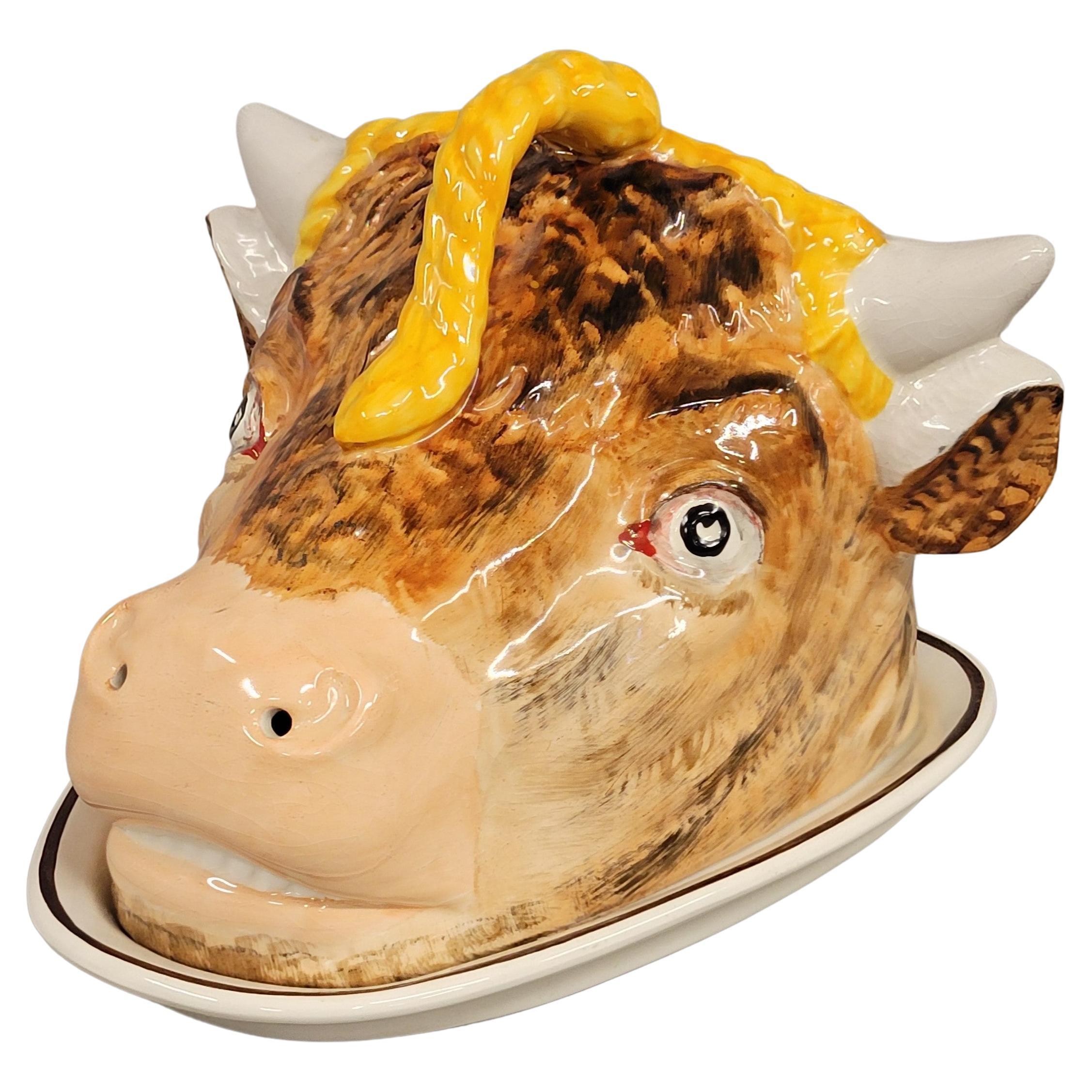 Vintage Staffordshire Cheese Dish in the Shape of a Cow's Head For Sale