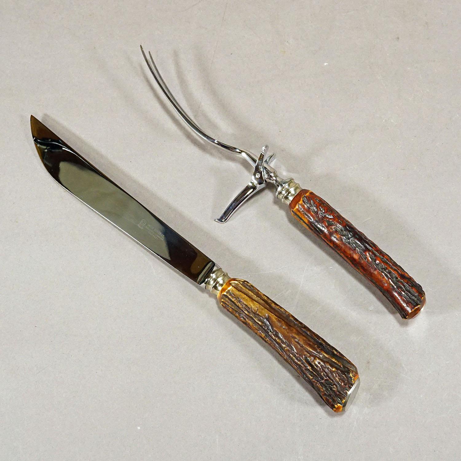 Black Forest Vintage Stag Horn Carving Set by Anton Wingen, Solingen