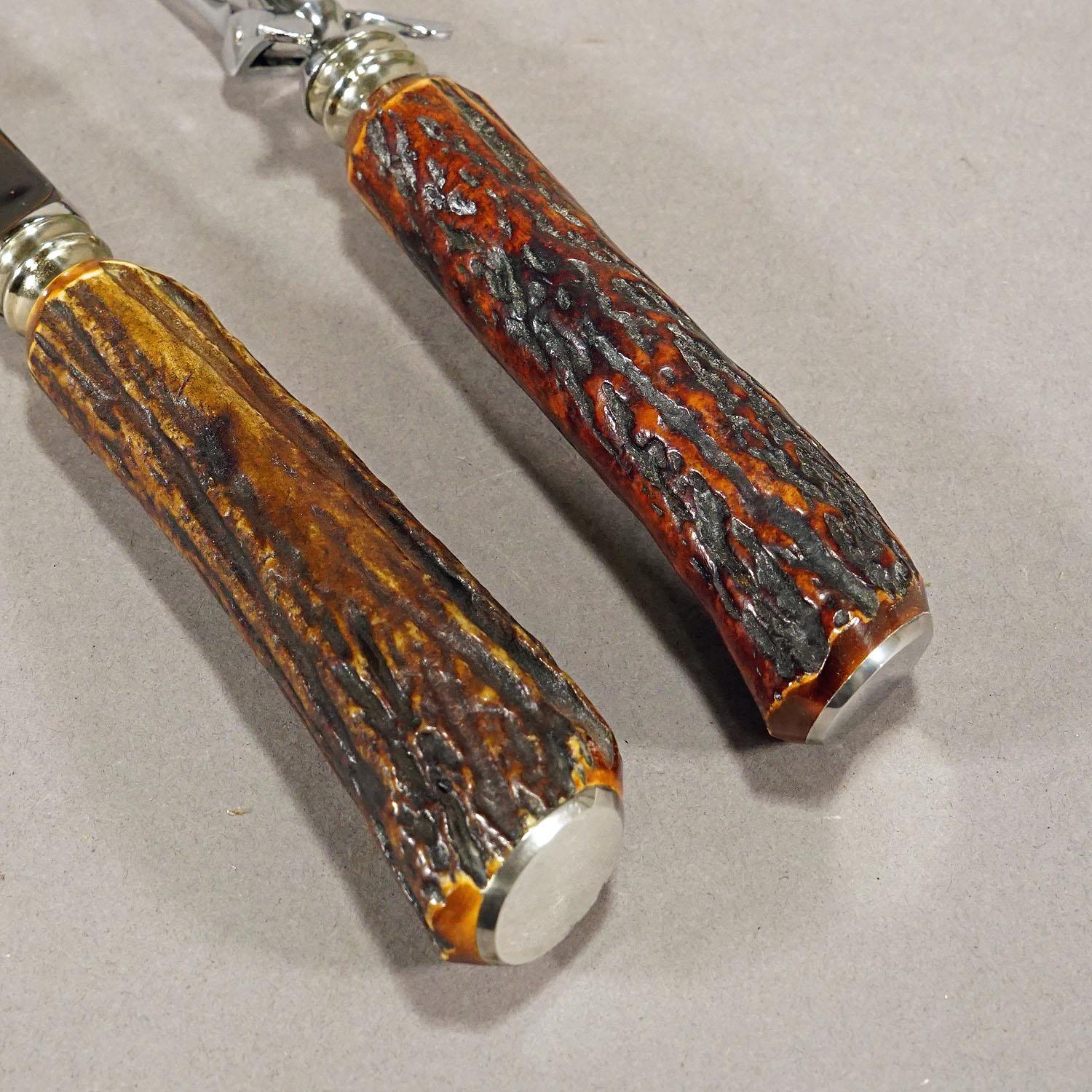 German Vintage Stag Horn Carving Set by Anton Wingen, Solingen