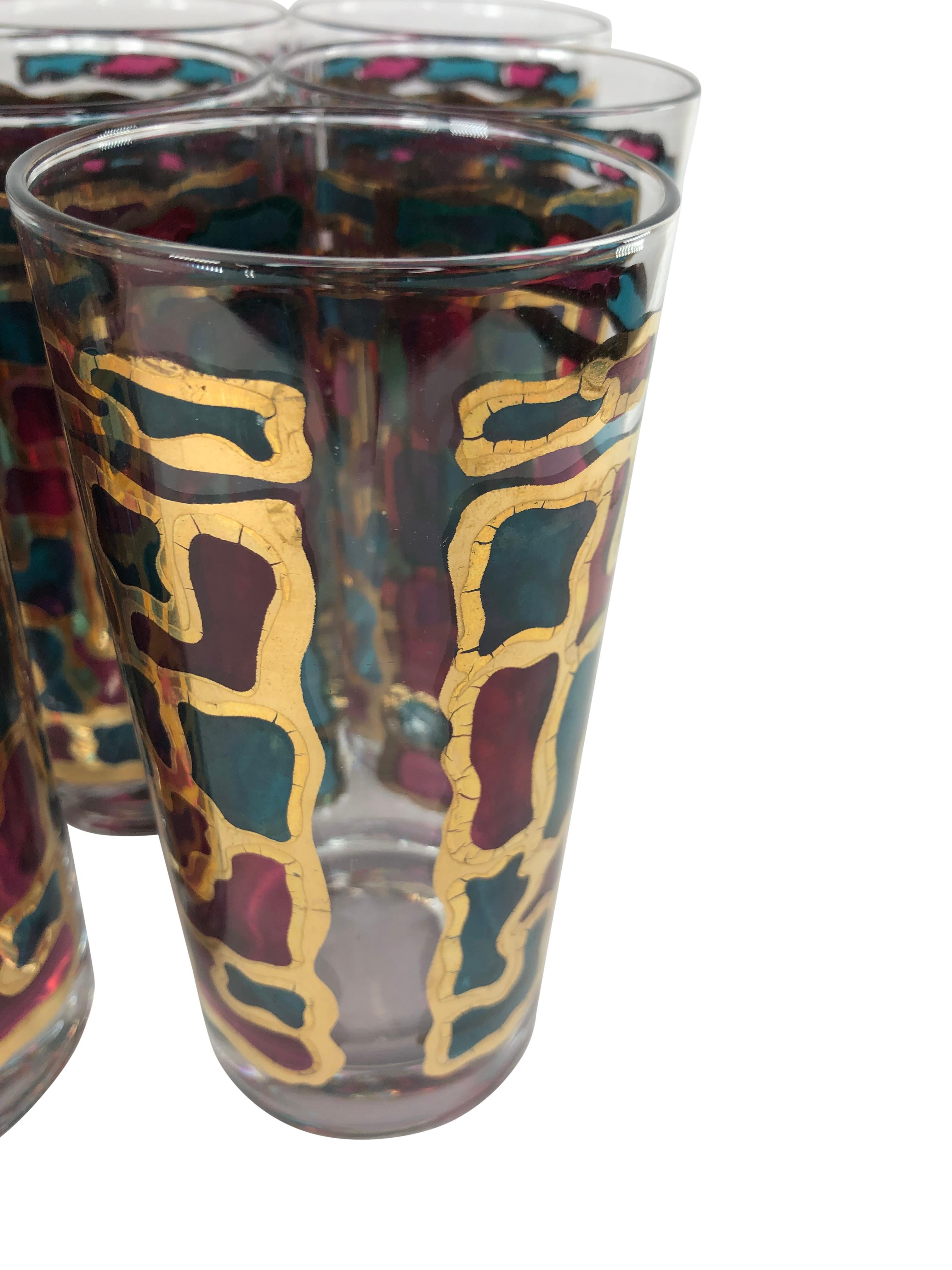 Mid-Century Modern Vintage Stained Glass and Gilt Highball Glasses - Set of 8 For Sale