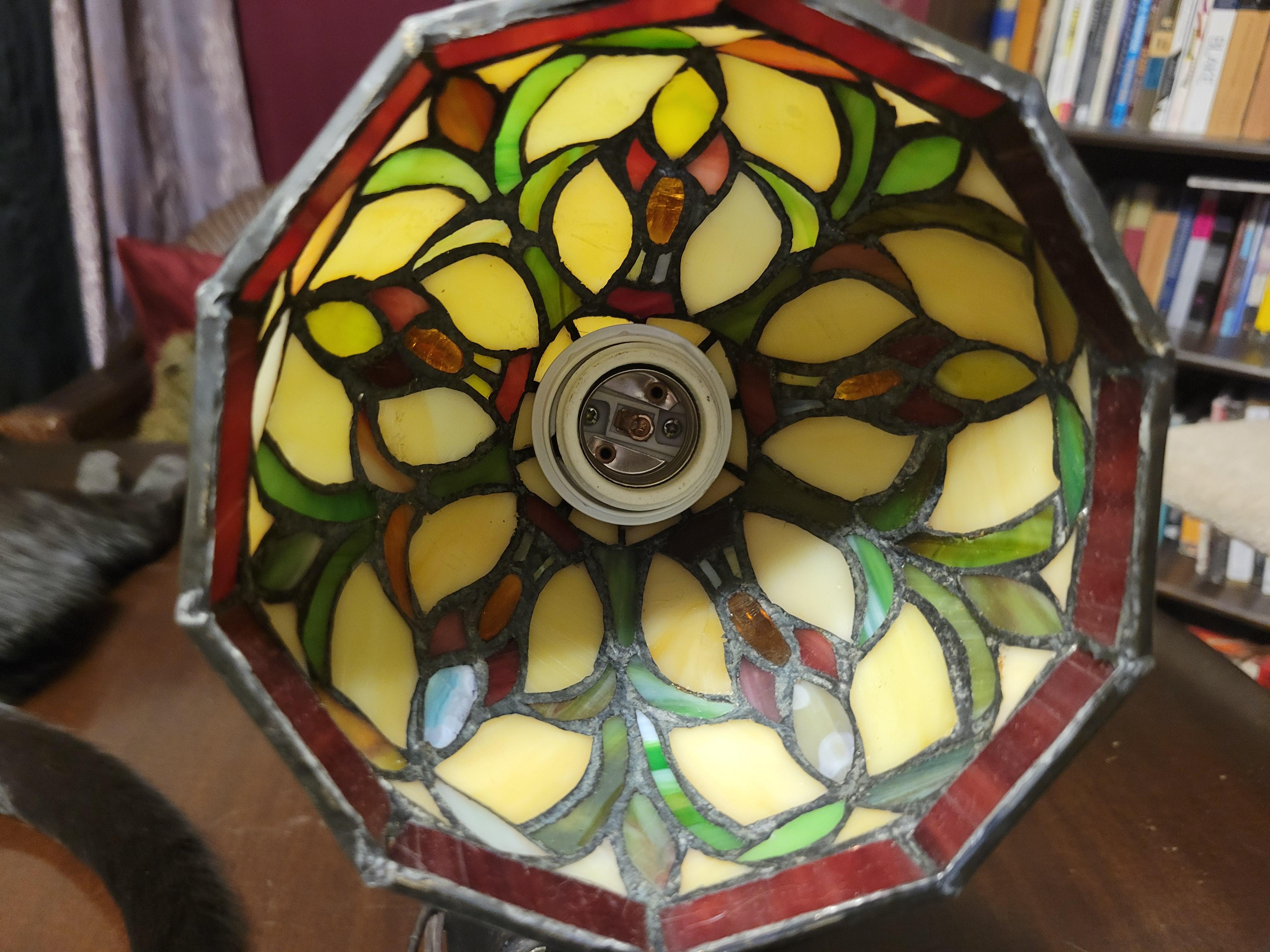 Vintage Stained Glass and Metal Chandelier with 3 Lights For Sale 8