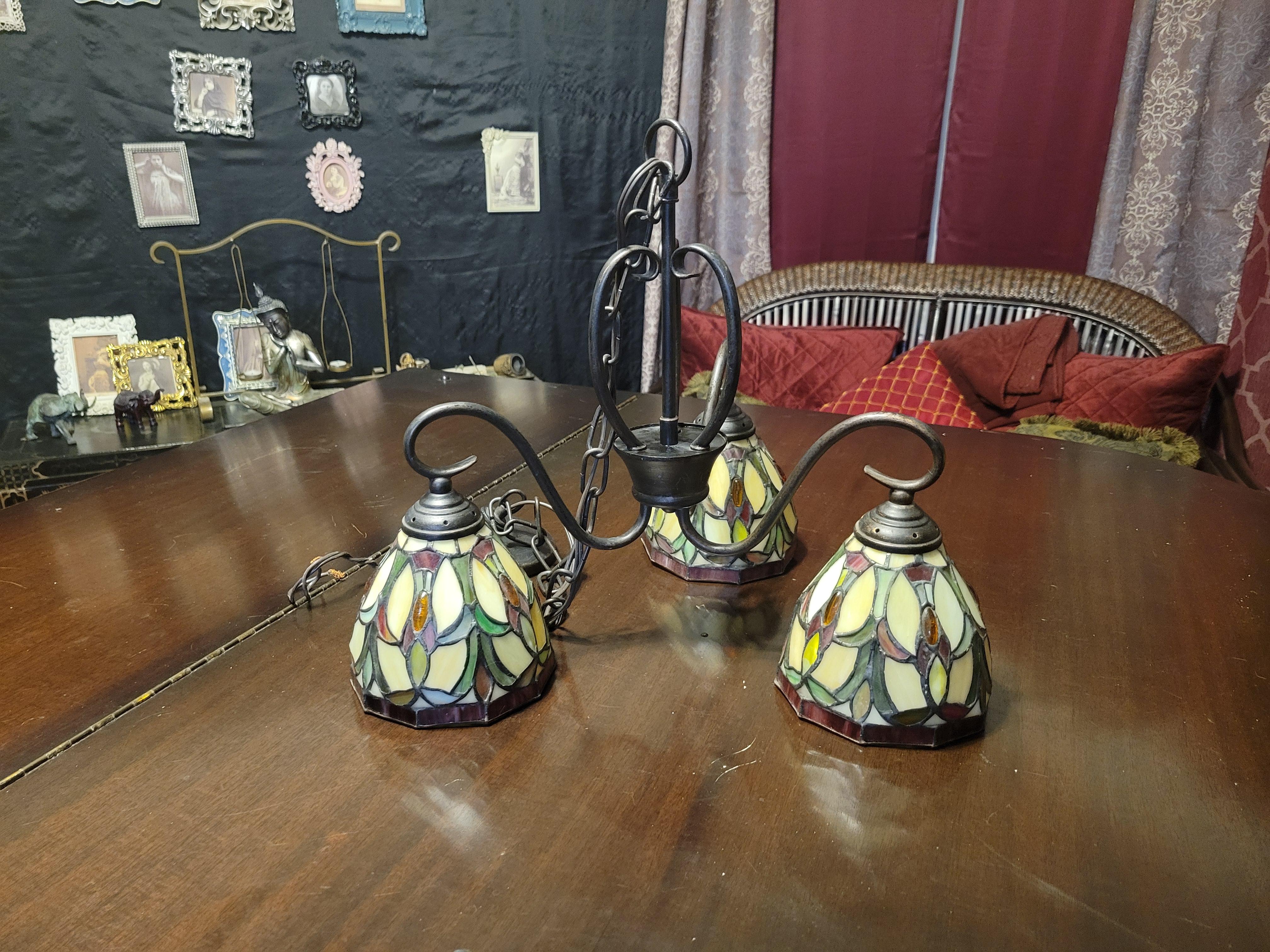 20th Century Vintage Stained Glass and Metal Chandelier with 3 Lights For Sale