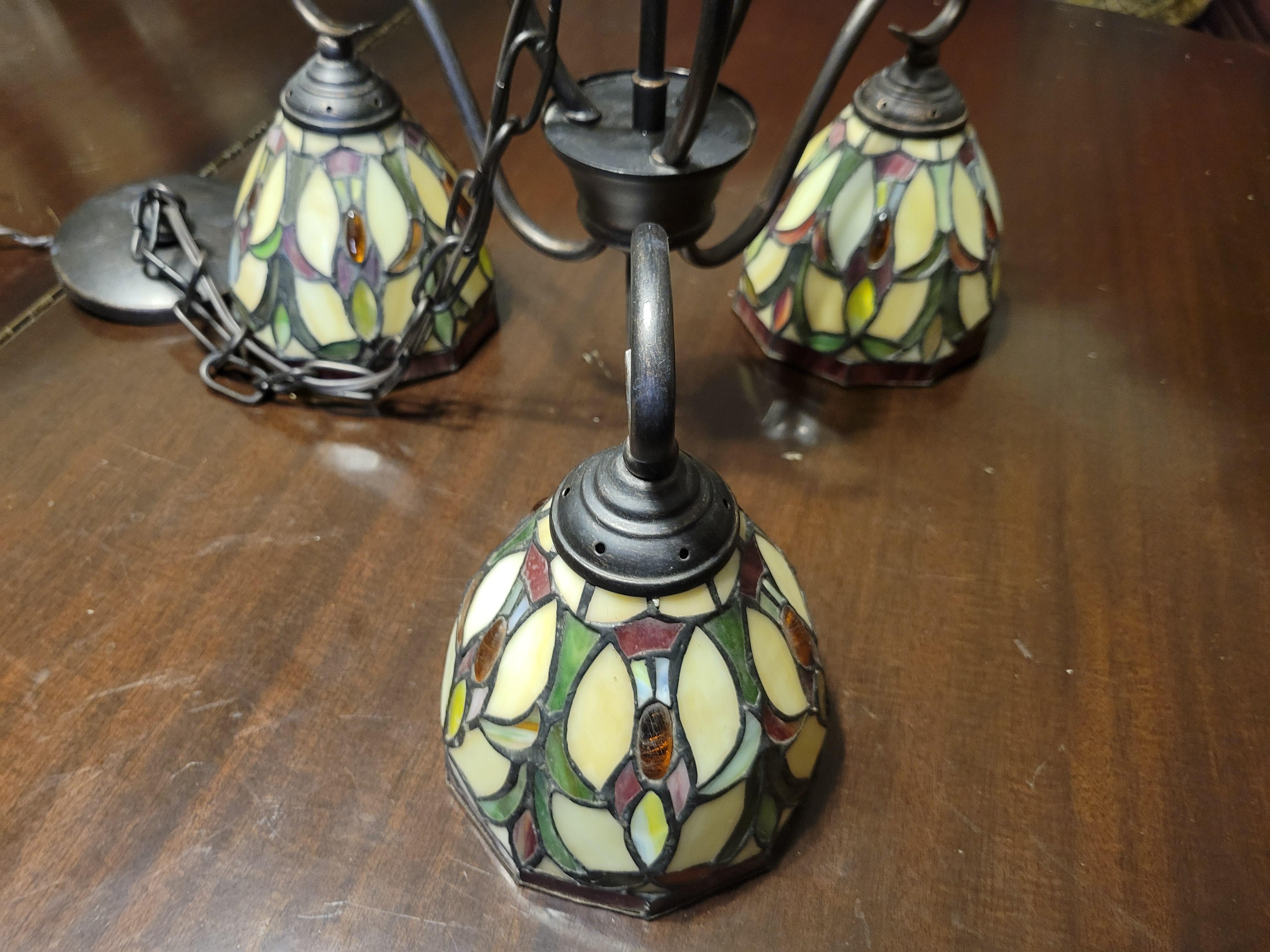 Vintage Stained Glass and Metal Chandelier with 3 Lights For Sale 2