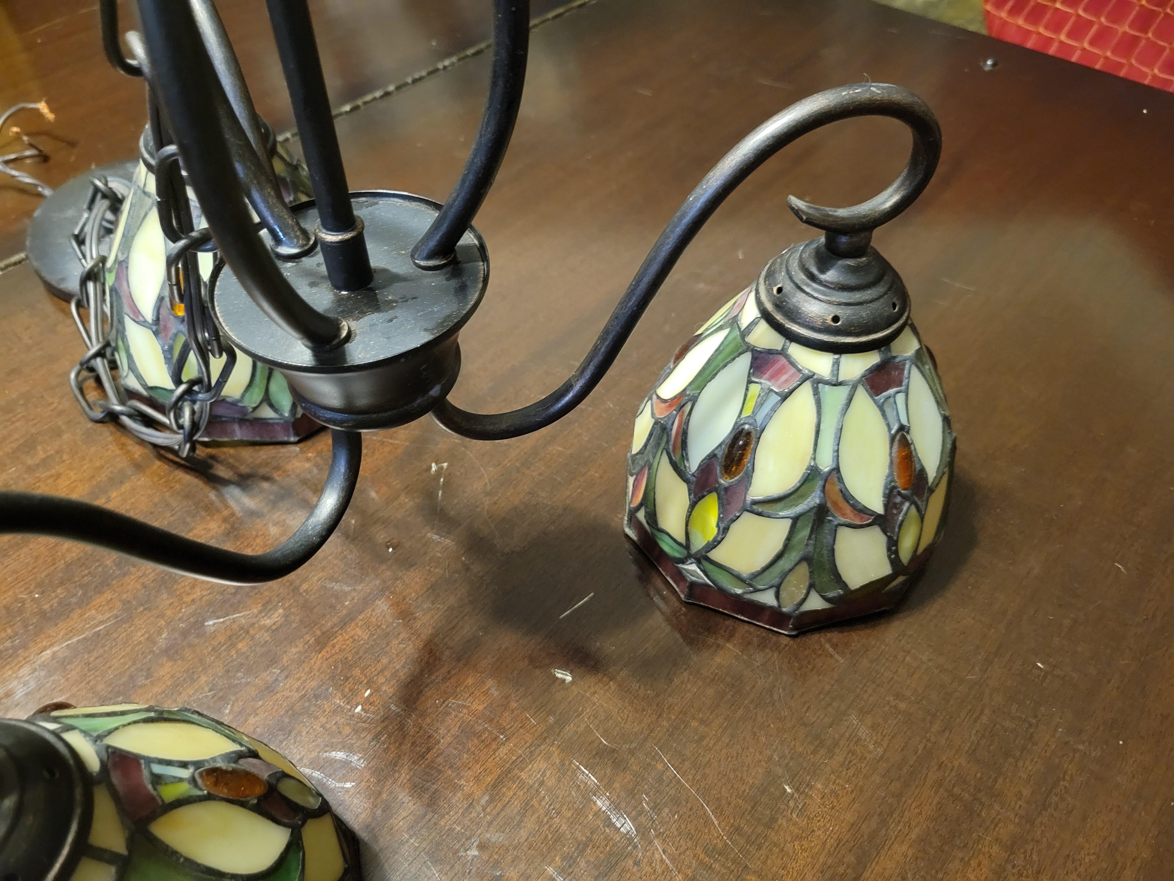Vintage Stained Glass and Metal Chandelier with 3 Lights For Sale 3