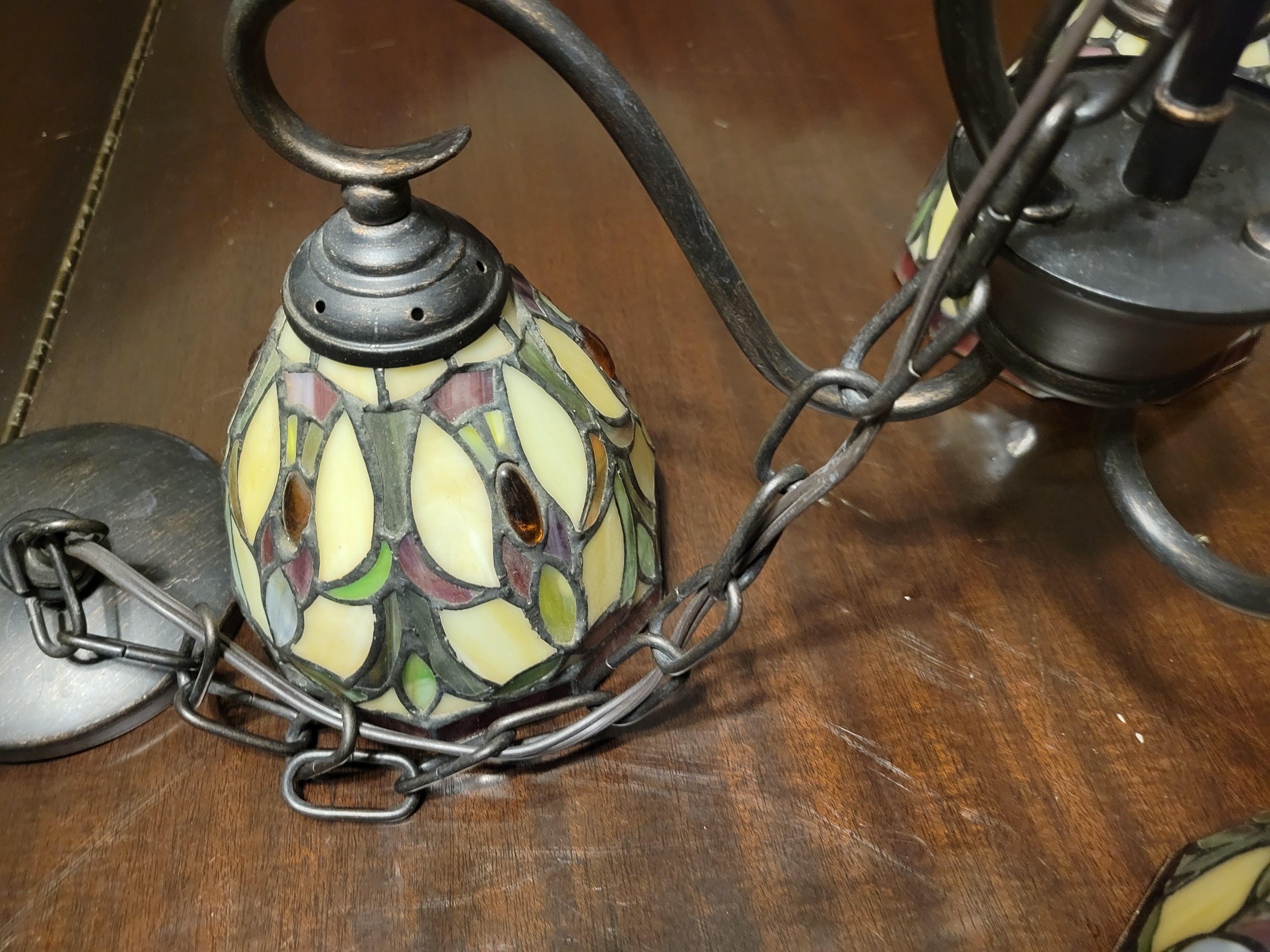 Vintage Stained Glass and Metal Chandelier with 3 Lights For Sale 4