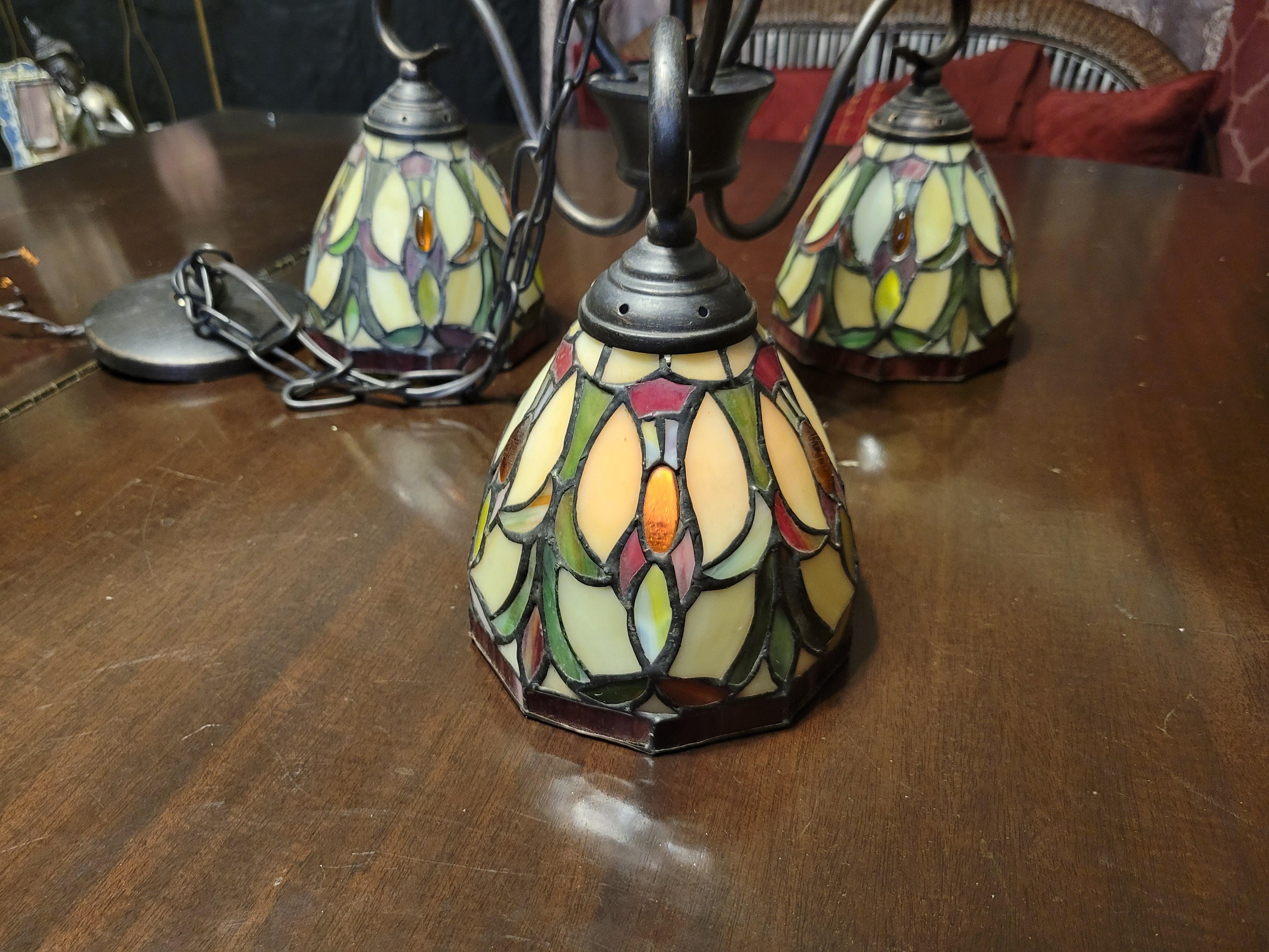 Vintage Stained Glass and Metal Chandelier with 3 Lights For Sale 5