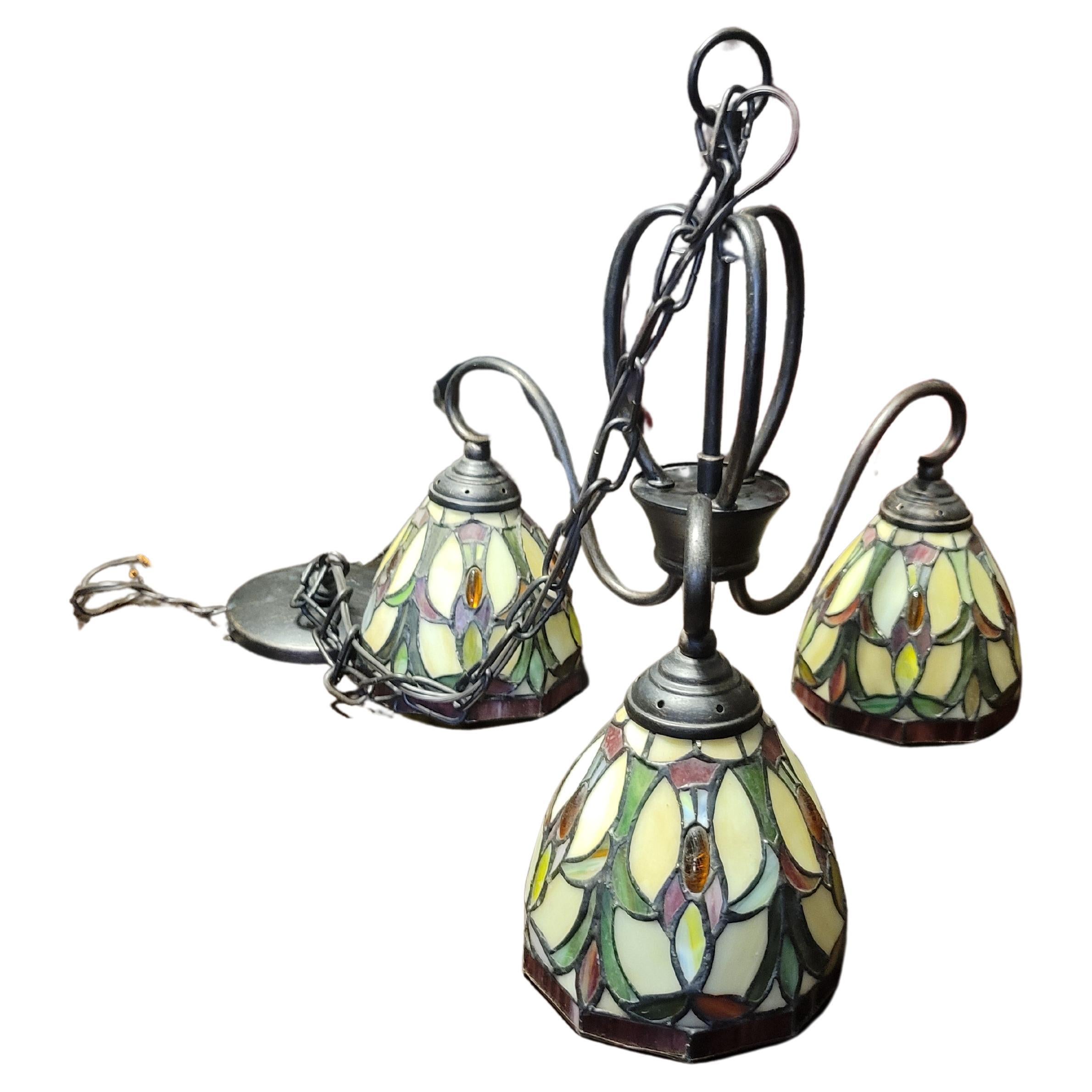Vintage Stained Glass and Metal Chandelier with 3 Lights For Sale