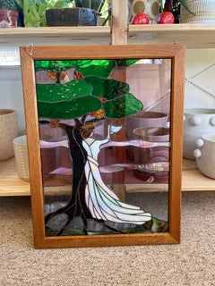 Vintage Stained Glass Art Panel Depicting Woman in Flowing White Dress