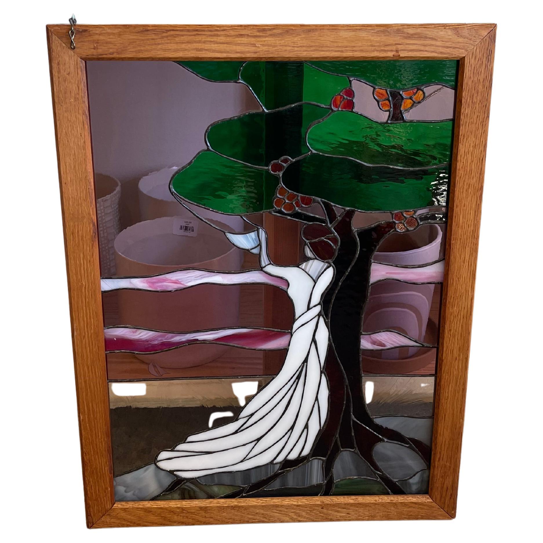 Vintage Stained glass Art Panel Darstellung Frau in fließenden weißen Kleid im Angebot